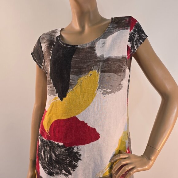 Terzo Millennio Italy Abstract Print Linen Shift Dress Size M Cap Sleeve Pockets - Picture 2 of 13